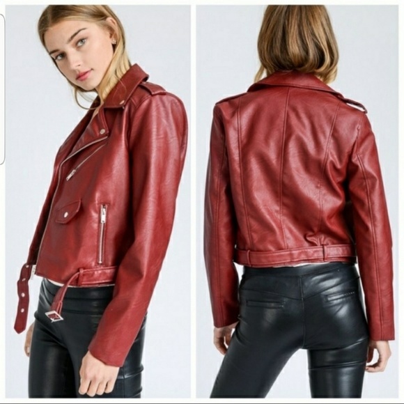 Faux Leather Jacket Red Moto biker - Picture 2 of 5